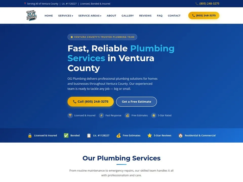 OG Plumbing 805 website homepage screenshot